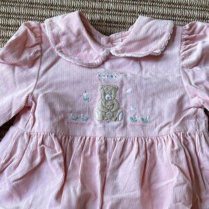 Pink corduroy Jacadi onesie romper outfit, embroidery teddybear, 6 Months - NWOT